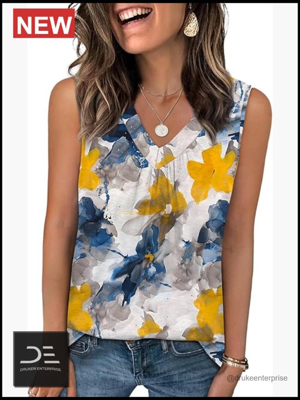 Loose Fit V-Neck Tank Top Sleeveless Pleated Front Curved Hem Summer Shirt